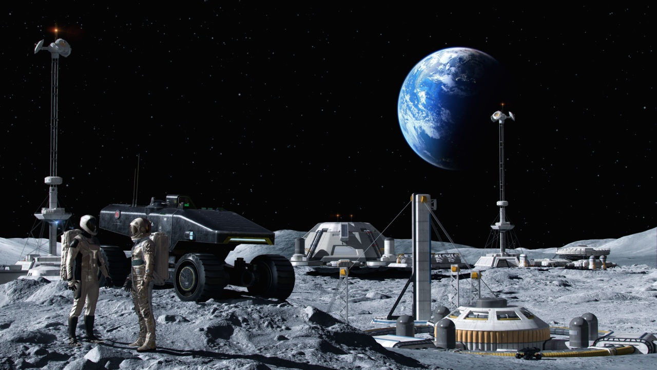 Astronauts on the moon with lunar base.
