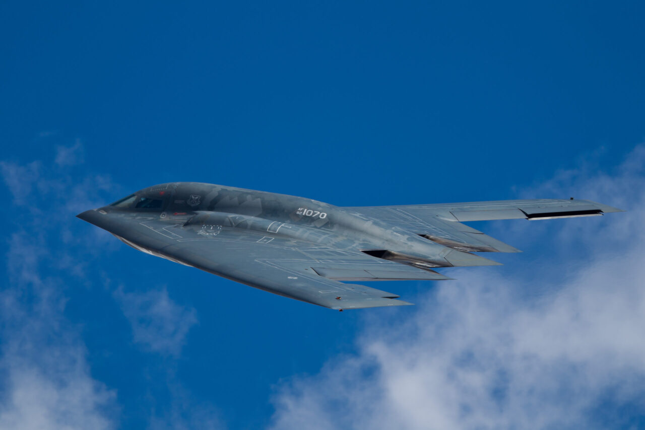 : Northrop Grumman B-2A Spirit (Spirit of Ohio) flyby demonstration during Air Expo at McChord Field Joint Base Lewis-McChord on July 21, 2012 in Tacoma, WA.