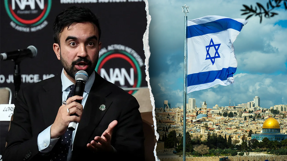 Zohran Mamdani with mic in front of NAN banner; Israel flag, right