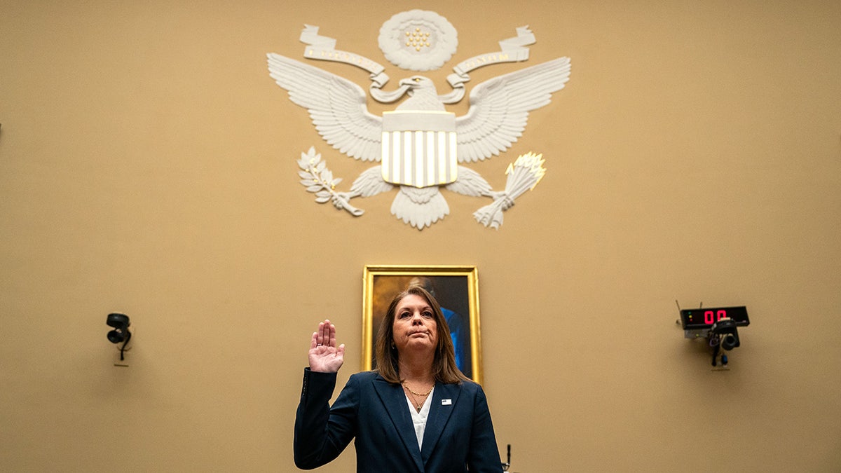 United States Secret Service Director Kimberly Cheatle is sworn in before testifying before the House Oversight and Accountability Committee during a hearing