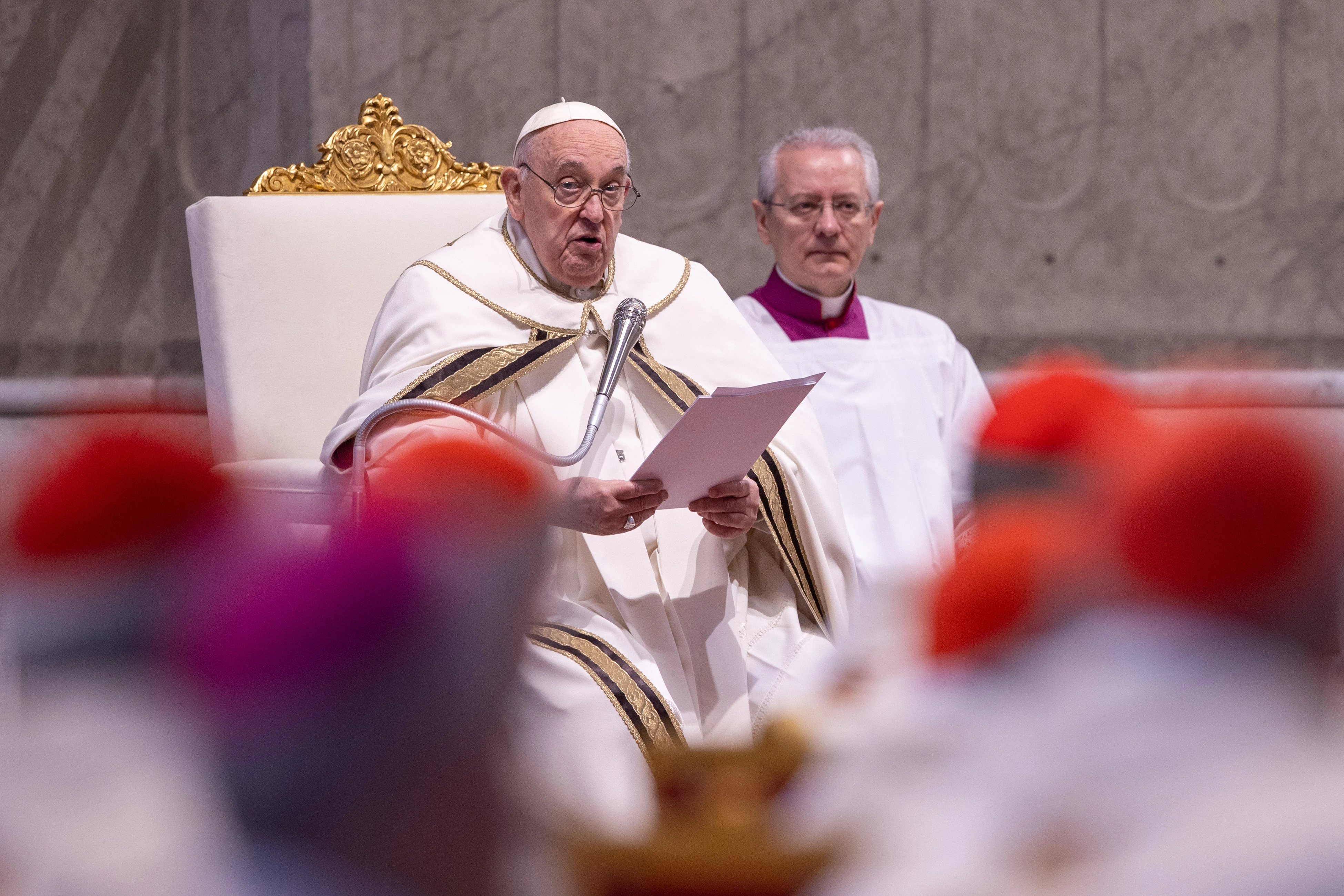 Pope Francis speaks at the Vatican's chrism Mass on Holy Thursday, March 28, 2024. Credit: Daniel Ibanez/CNA
