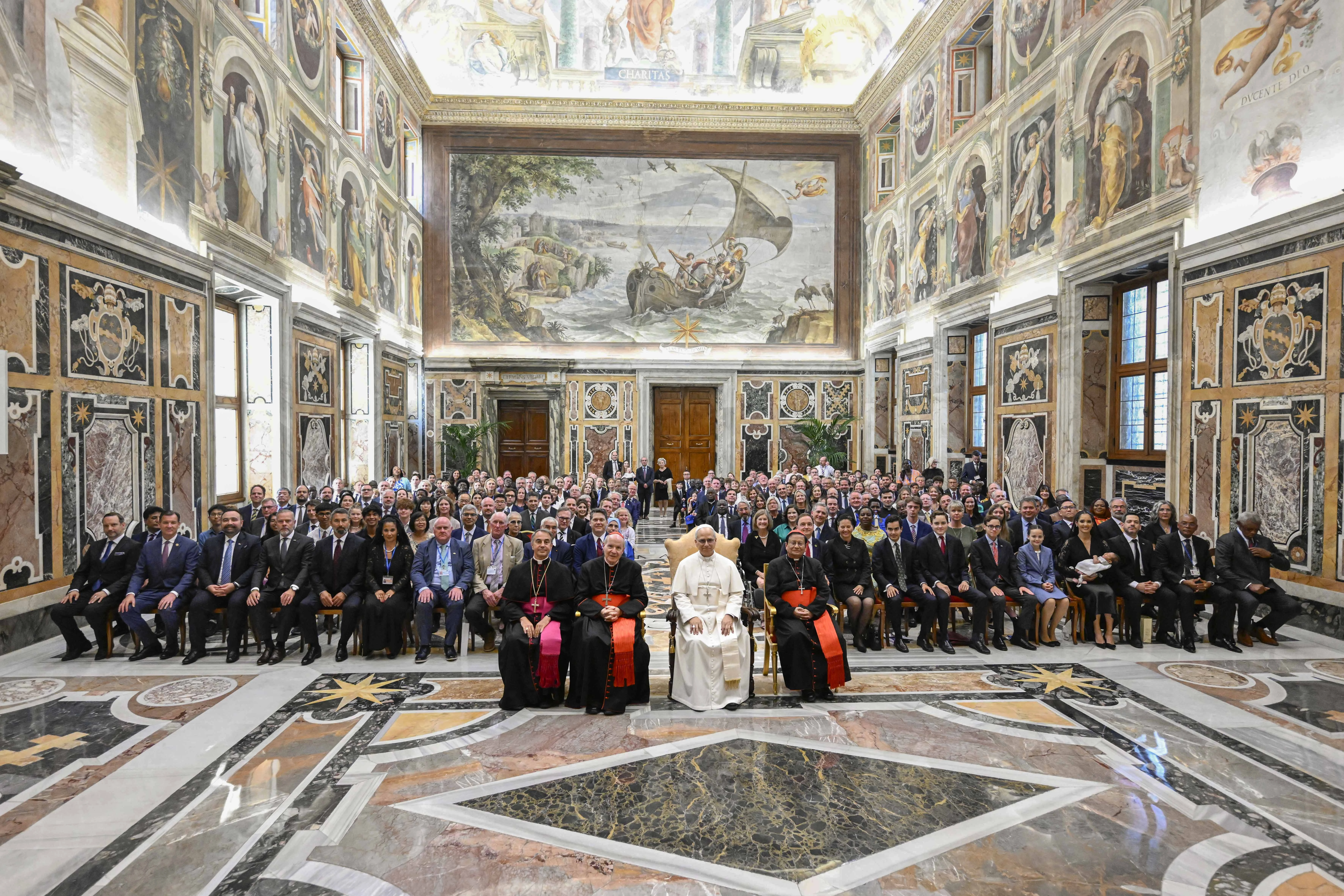 Pope Leo XIV poses with the International Catholic Legislators Network at the Vatican, Saturday, Aug. 23, 2025. Credit: Vatican Media
