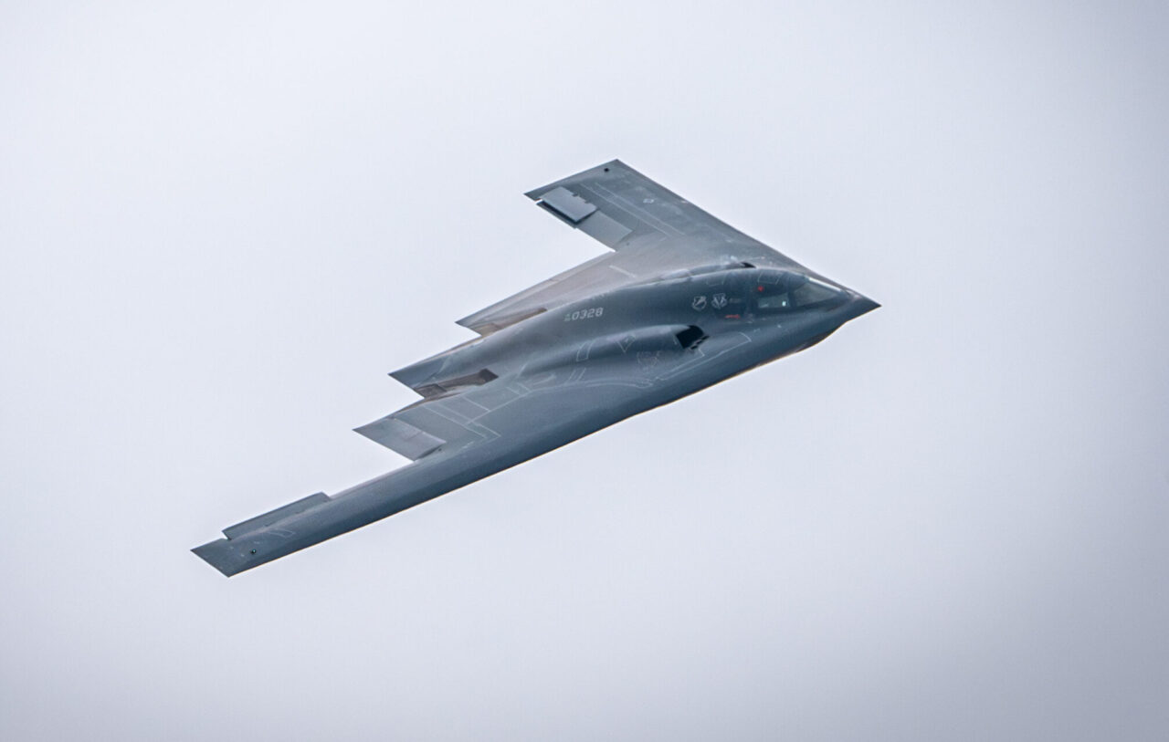 A U.S. Air Force B-2 Spirit Bomber, assigned to the 509th Bomb Wing out of Whiteman Air Force Base, Missouri, performs a fly-over during the Speed of Sound Airshow, at Rosecrans Air National Guard Base in St. Joseph, Missouri, September 14, 2024.