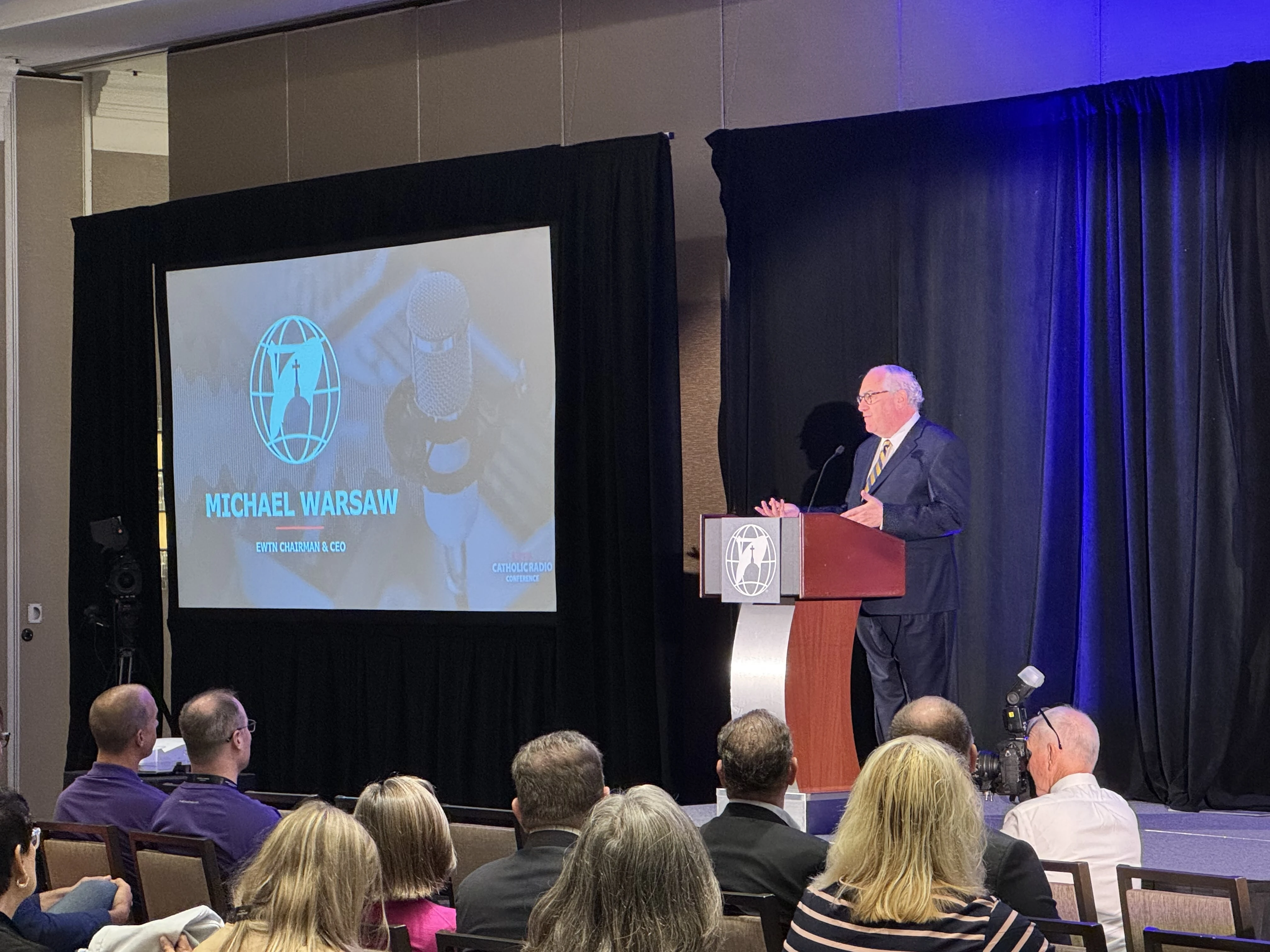 EWTN Chairman of the Board and CEO Michael Warsaw speaks at the 2025 EWTN Catholic Radio Conference. Credit: Tessa Gervasini/CNA
