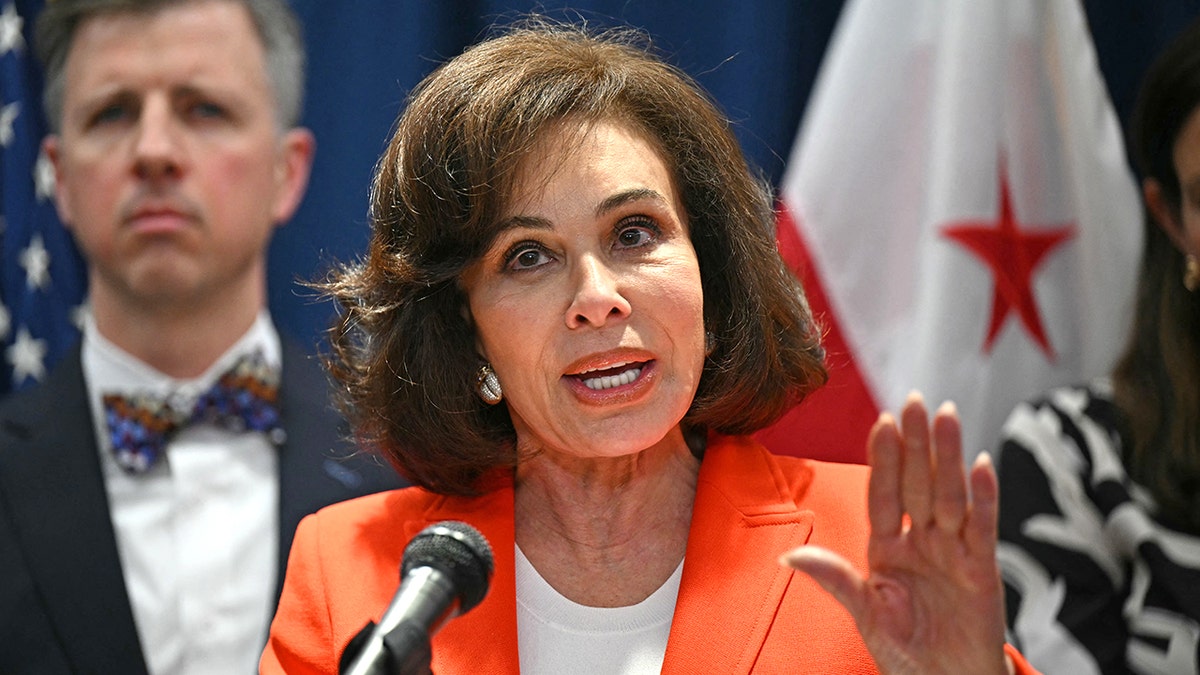 Interim US Attorney Jeanine Pirro speaks during a press update on a shooting the night before, of two Israeli embassy staffers, at the US Department of Justice in Washington, DC, on May 22, 2025.