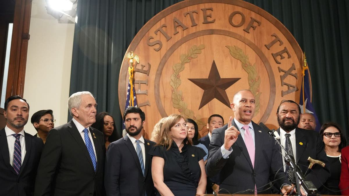 U.S. House Democratic Leader Hakeem Jeffries speaks at the Texas Capitol in Austin