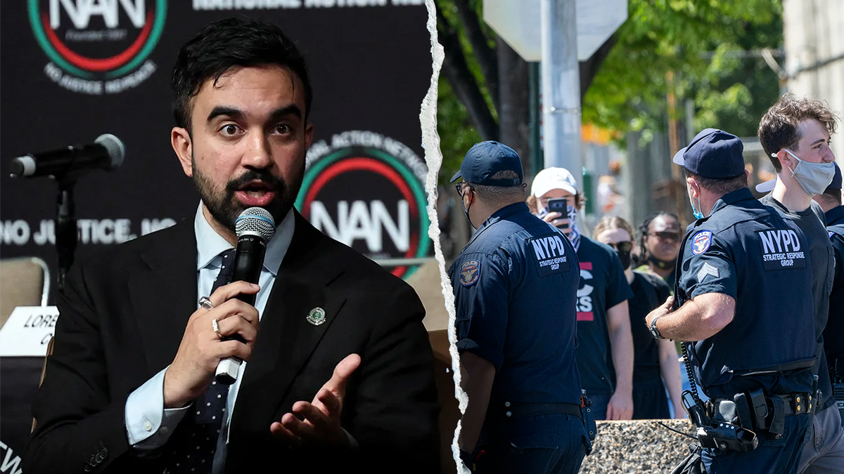 Mamdani, left; NYPD cops on street, right