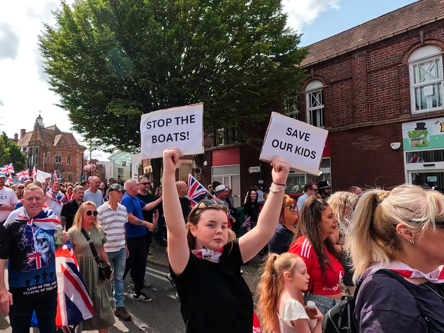 Protest against migrant crime in Nuneaton, England. August 9, 2025. Oliver Lane, Breitbart News
