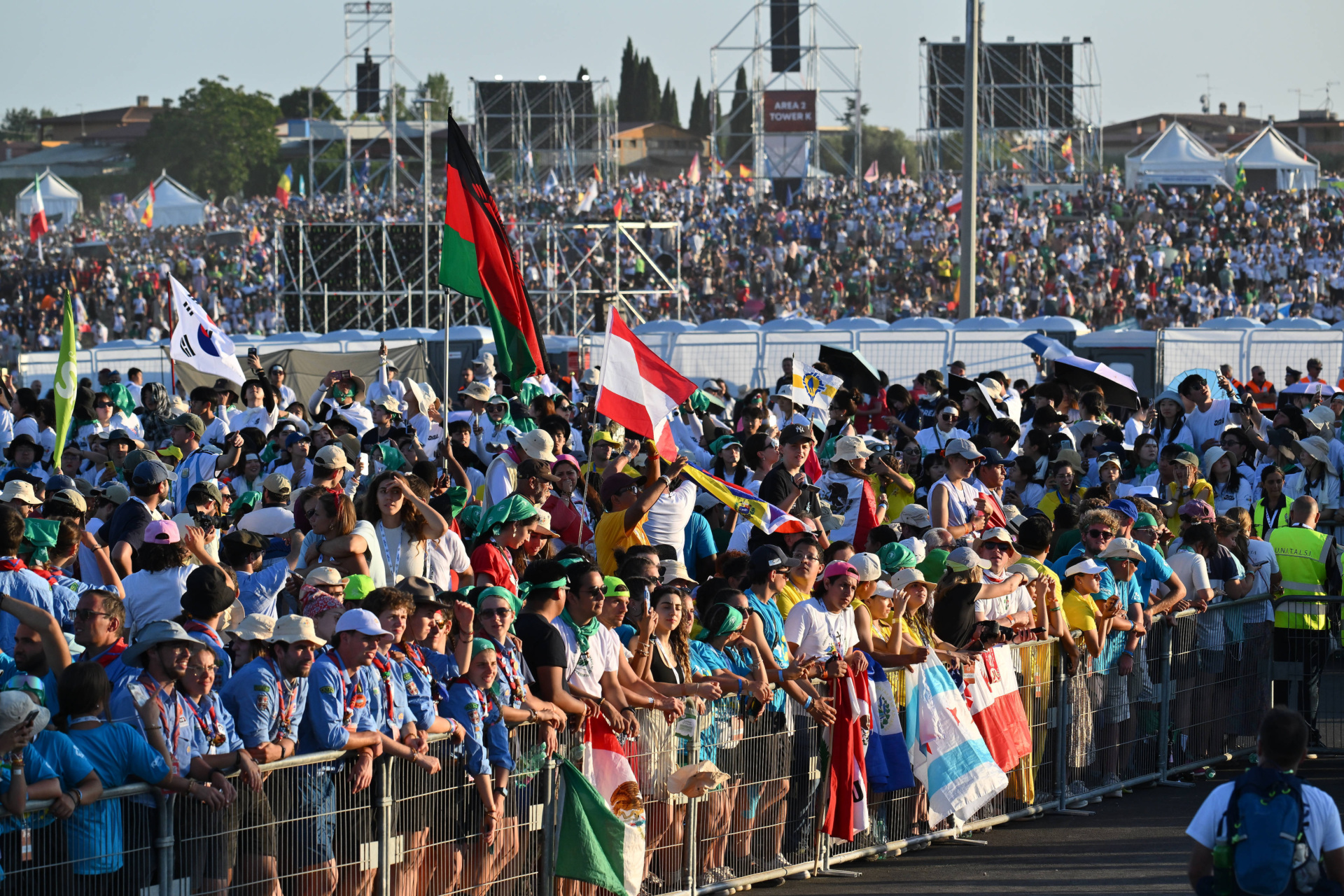 Pilgrims participate in the prayer vigil of the youth jubilee at Tor Vergata in Rome, Italy, on August 2, 2025. (Photo by Domenico Cippitelli/NurPhoto via Getty Images)