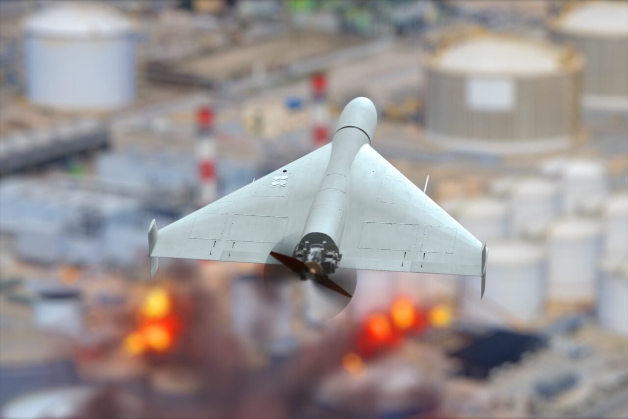 Military drone attack on oil refinery, oil depot fire, explosions and fire.