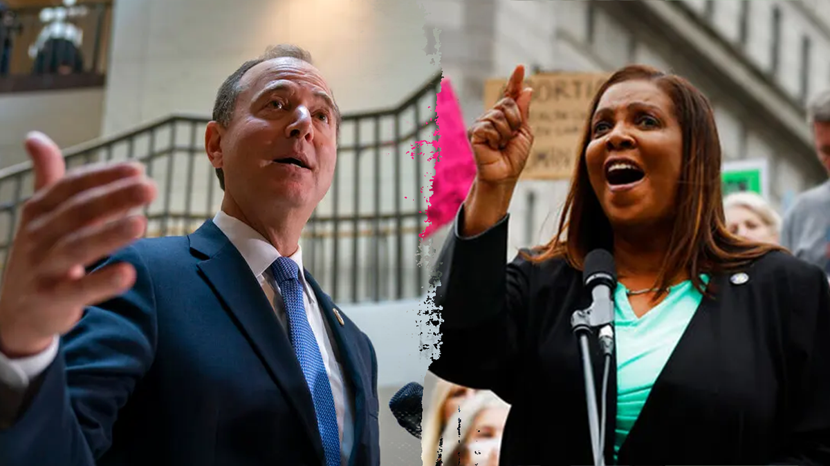 Adam Schiff in a blue suit and Letitia James in a black blazer split image