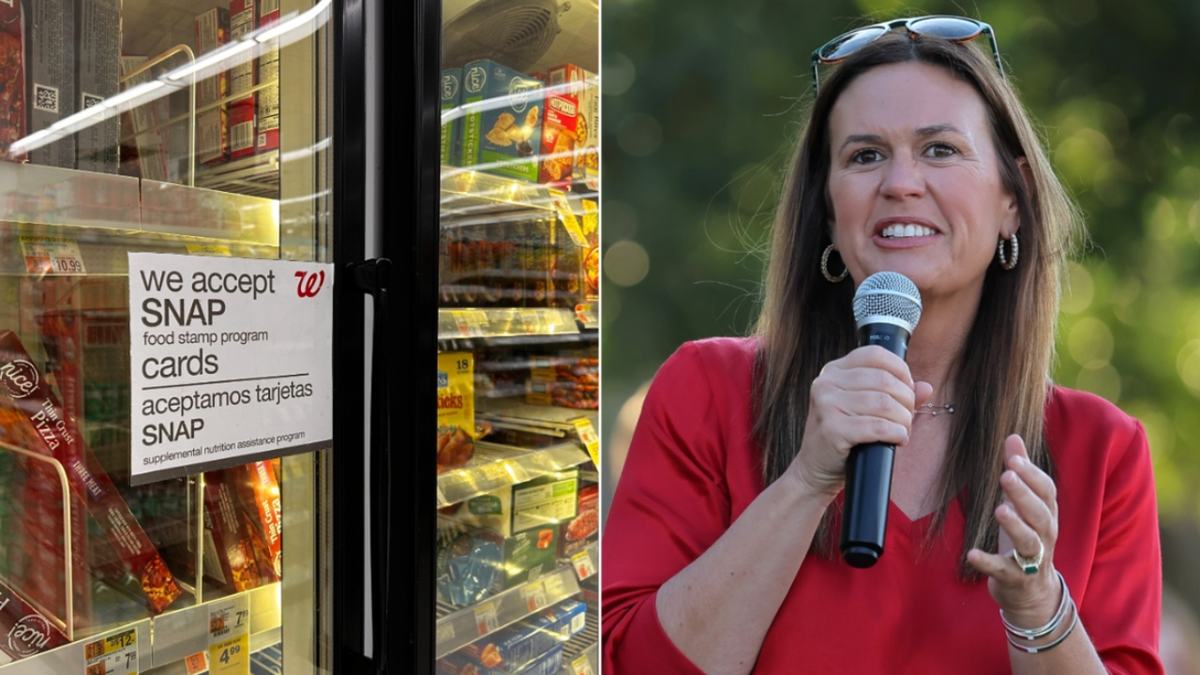 Gov. Sarah Sanders, right; left: sign about SNAP benefits at grocery store
