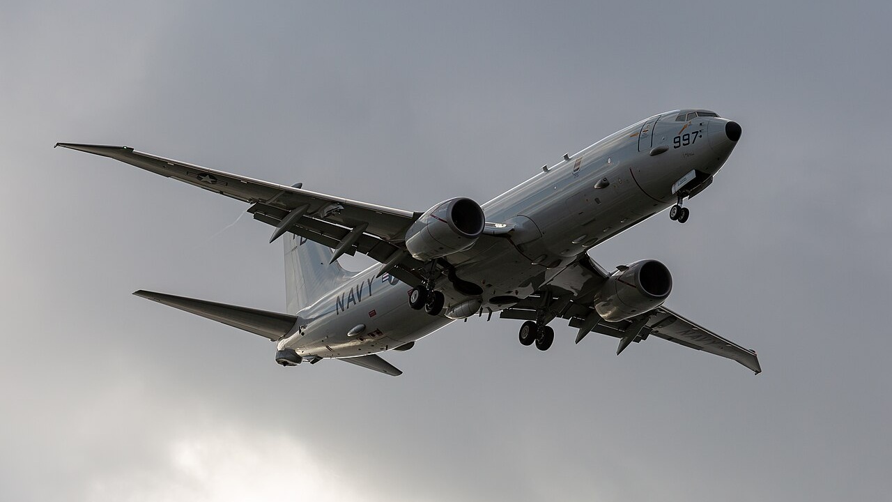 A US Navy P-8 Poseidon aircraft in flight.