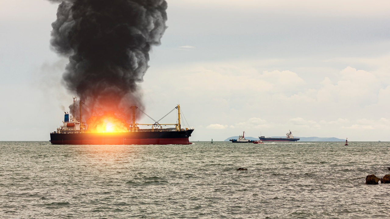A ship on fire.