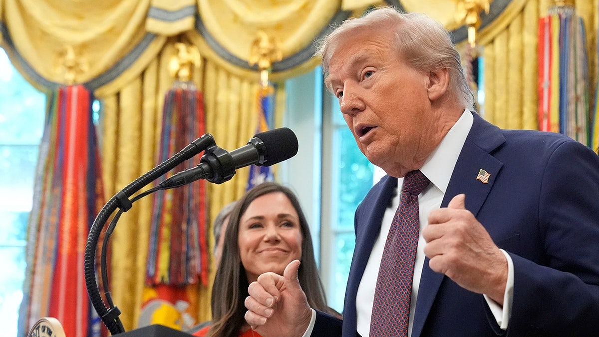 President Donald Trump speaks during an event about the relocation of U.S. Space Command headquarters from Colorado to Alabama in the Oval Office of the White House, Tuesday, Sept. 2, 2025, in Washington, as Sen. Katie Britt, R-Ala., listens.