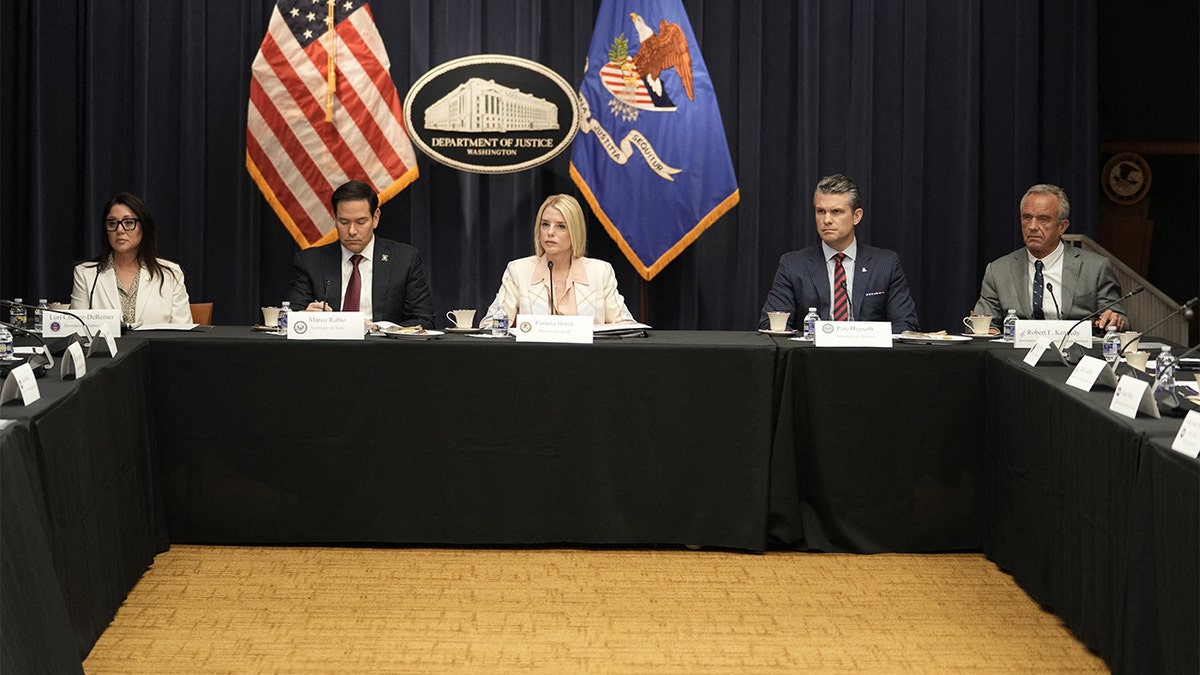 Attorney General Pam Bondi speaks during a meeting about the "Task Force for Eradicating Anti-Christian Bias" at the Department of Justice headquarters in Washington, April 22, 2025.