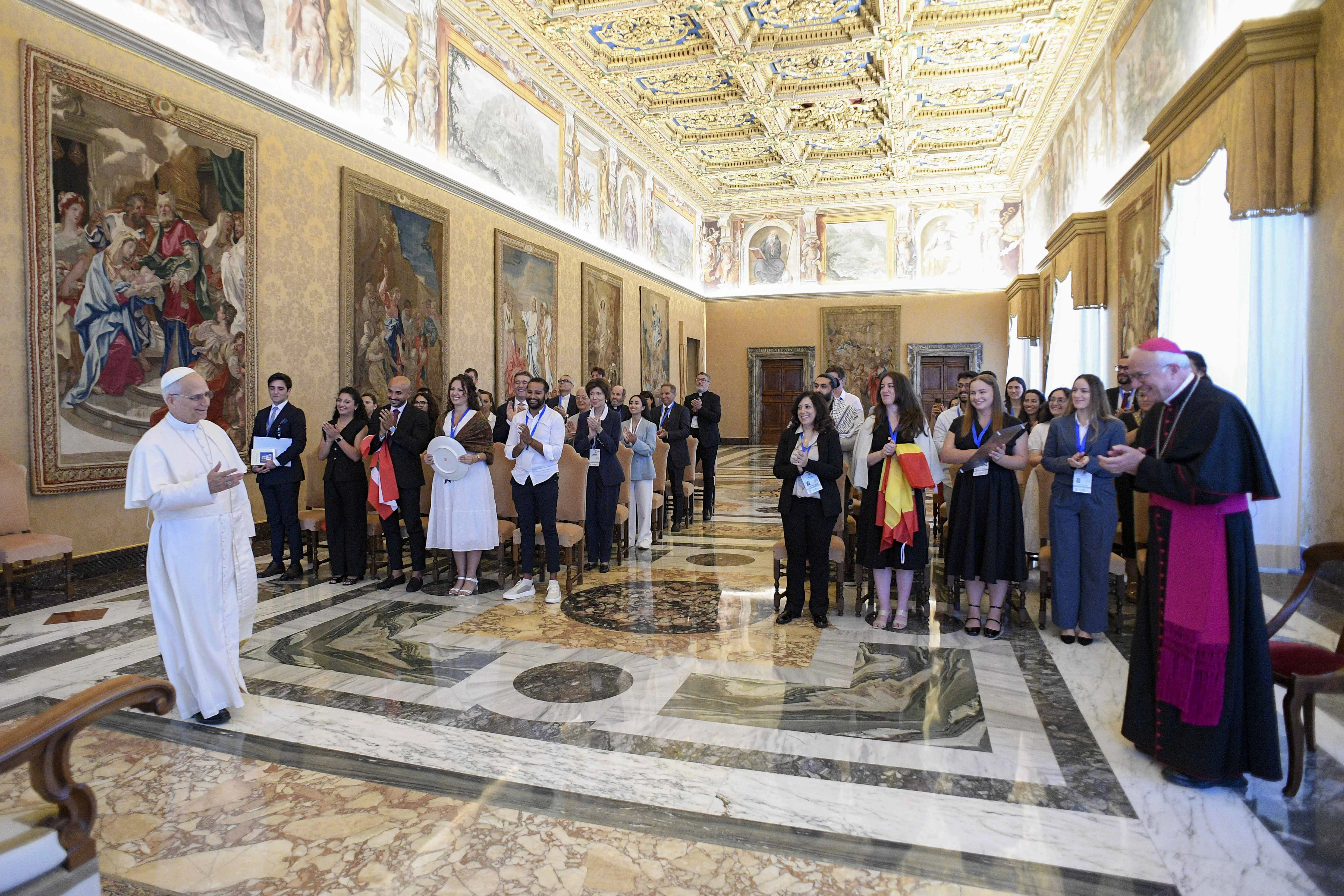 Pope Leo tells young adults from the Mediterranean Youth Council at the Vatican on Sept. 5, 2025, “to cultivate prayer and spirituality, together with action, as sources of peace and points of encounter between traditions and cultures.”. Credit: Vatican Media.