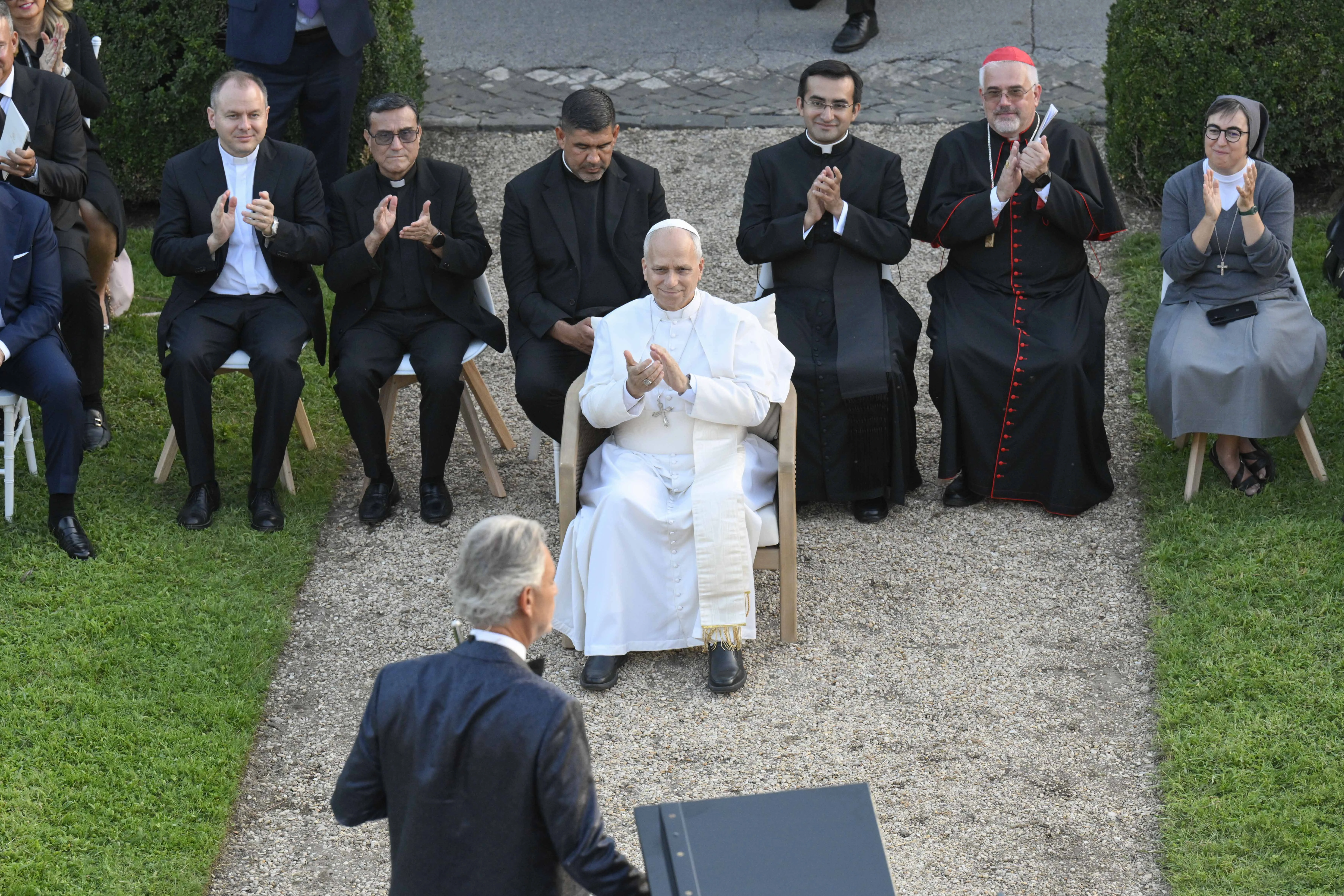 Italian singer Andrea Bocelli, who was among the guests invited to the inauguration of the Laudato Si' Village in Castel Gandolfo on Sept. 5, 2025, offers the Holy Father a song to mark the occasion. Credit: Vatican Media