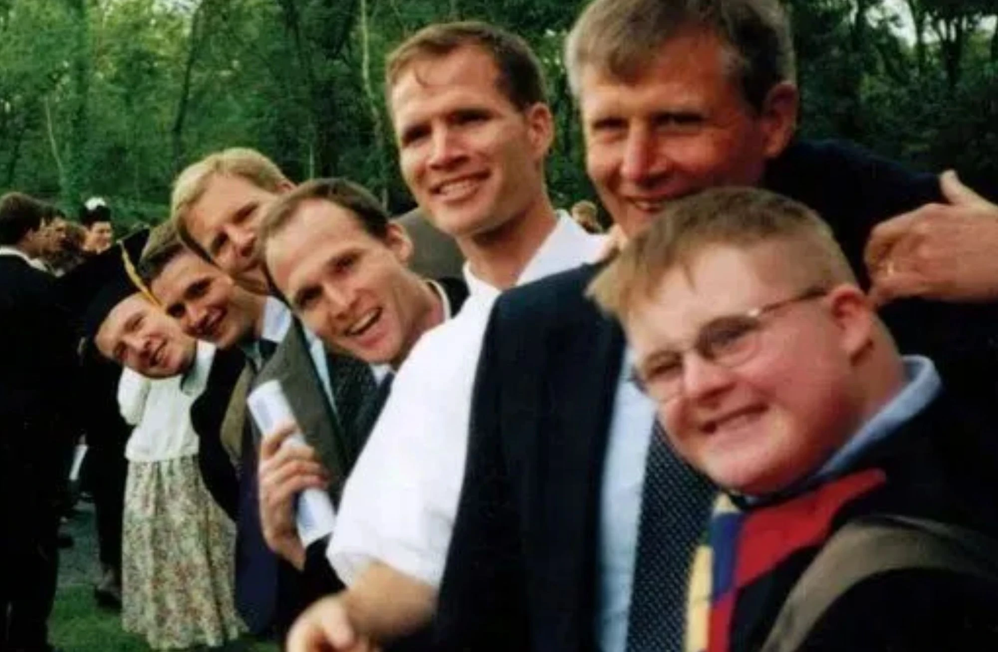A family photo taken at Chris Vander Woude’s graduation from Christendom College. From right to left: Joseph, Tom, Dan Vander Woude (third son), Father Tom Vander Woude (oldest son), Steve Vander Woude (second son), Pat Vander Woude (sixth son), Chris Vander Woude (fifth son). Credit: Photo courtesy of the Tom Vander Woude Guild