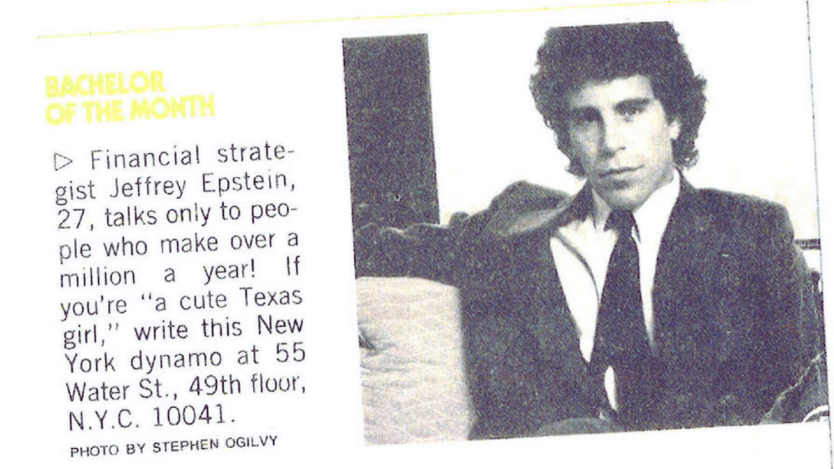 A clipping that shows Jeffrey Epstein advertised as the "bachelor of the month."