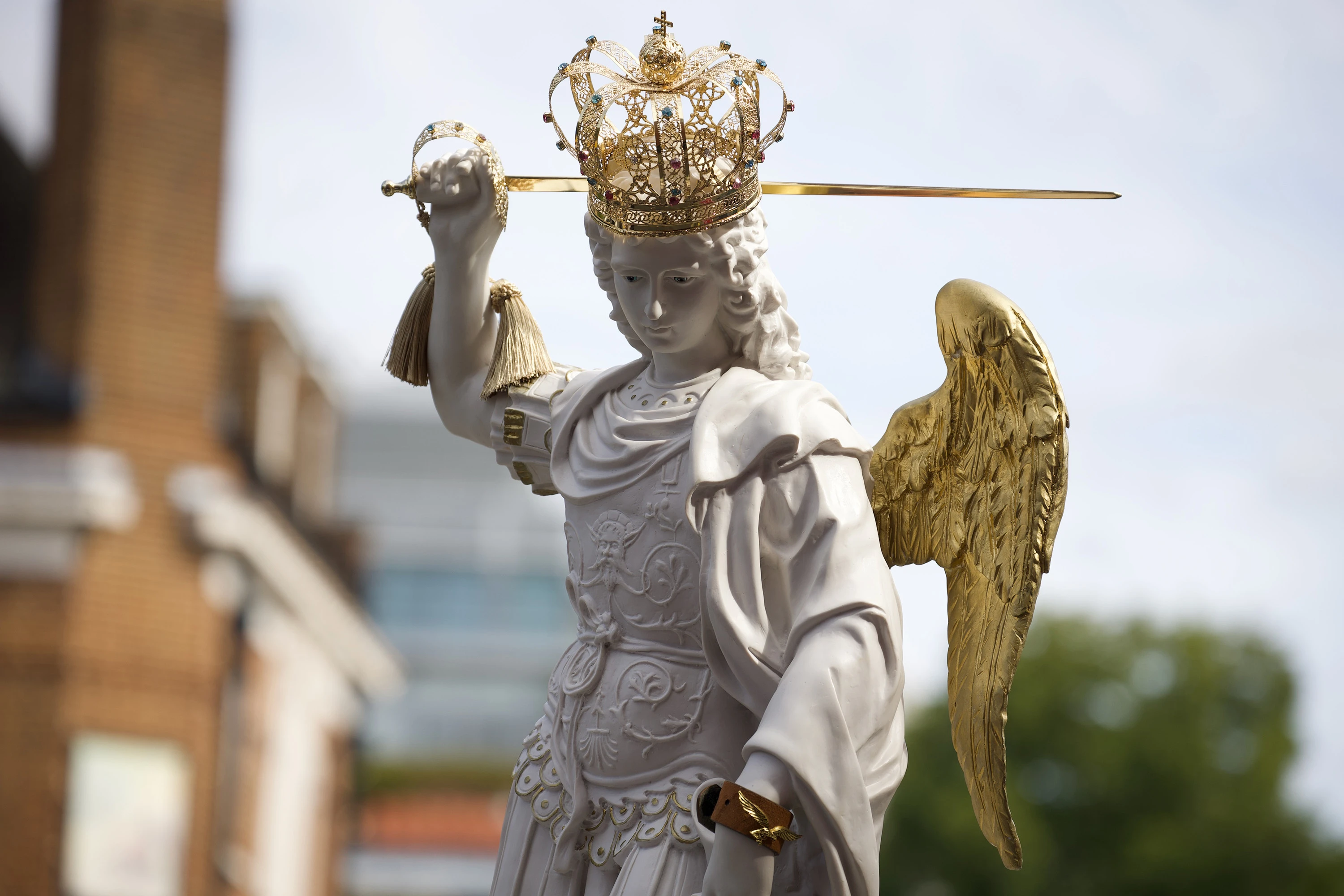 A statue of St. Michael the Archangel is seen during the March for Life UK on Sept. 6, 2025, in London. Credit: Edward Pentin/EWTN News