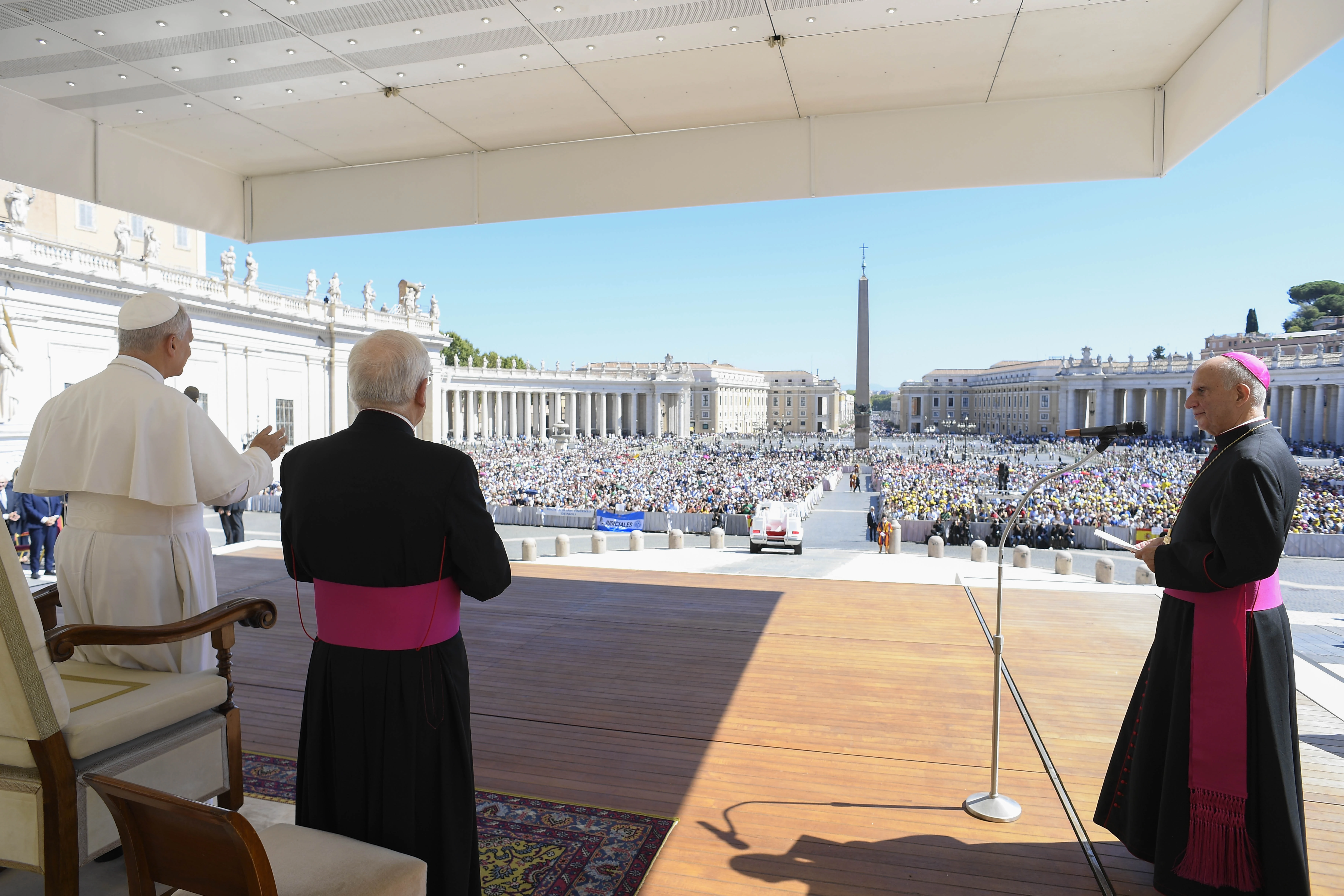 Pope Leo XIV addresses thousands of legal professionals gathered in St. Peter's Square for the Jubilee of Workers of Justice on Sept. 20, 2025. Credit: Vatican Media.