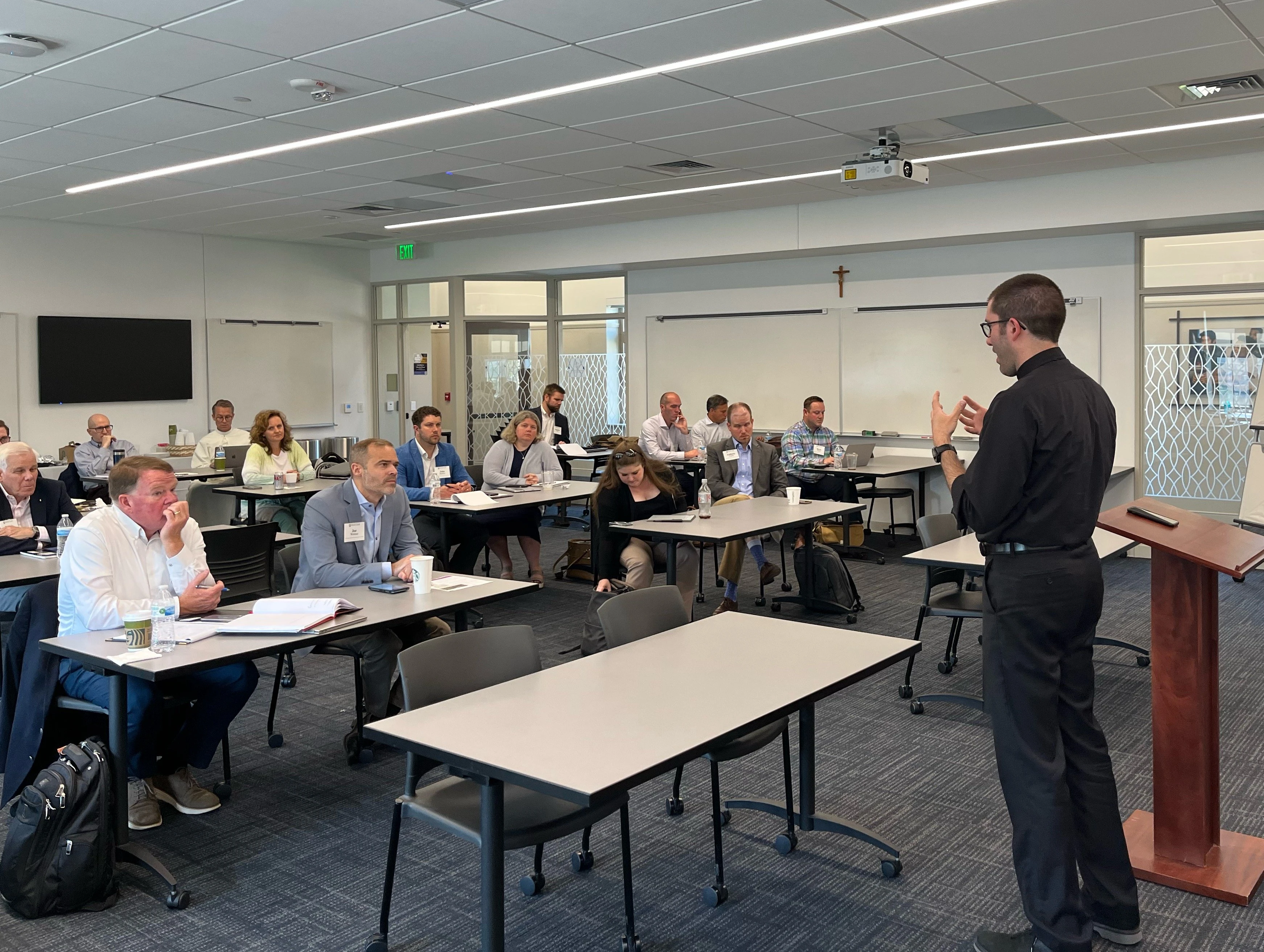 Fr. Patrick Reidy, C.S.C., a professor at Notre Dame Law School and faculty co-director of the Church Properties Initiative, conducts a workshop for diocesan leaders on Notre Dame's campus in summer 2023. Courtesy of David J. Murphy/Church Properties Initiative