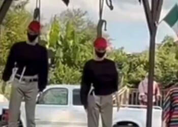 VIDEO: Grotesque Halloween display shows MAGA mannequins hanging by rope with Mexican flag flying above