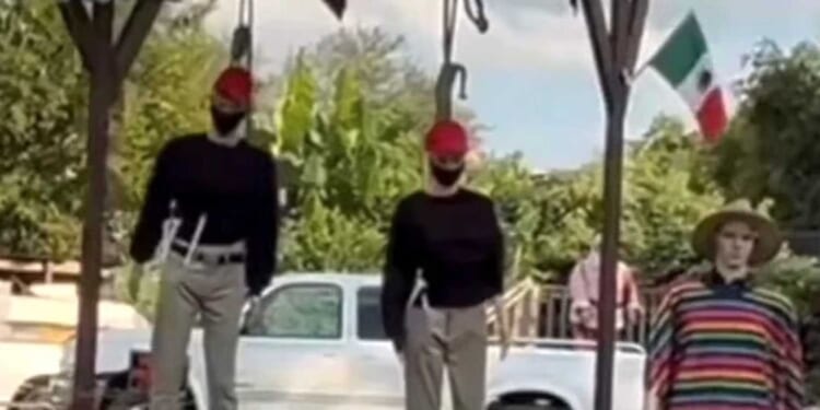 VIDEO: Grotesque Halloween display shows MAGA mannequins hanging by rope with Mexican flag flying above