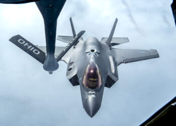 A U.S. Air Force KC-135 Stratotanker with the 121st Air Refueling Wing prepares to refuel an F-35A Lightning II assigned to 388th Fighter Wing during exercise Resolute Force Pacific 2025 over the Pacific Ocean, July 17, 2025.