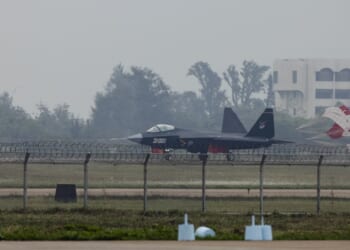 A Chinese J-31 prototype on an airfield.