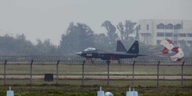 A Chinese J-31 prototype on an airfield.