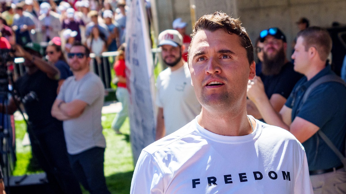 Charlie Kirk looks into the crowd at a Utah event before his assassination on September 10, 2025.