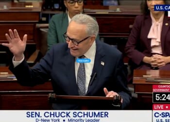 Senator Chuck Schumer speaks at the U.S. Capitol, addressing key issues while colleagues listen attentively during a government shutdown discussion.