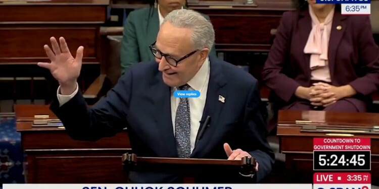Senator Chuck Schumer speaks at the U.S. Capitol, addressing key issues while colleagues listen attentively during a government shutdown discussion.