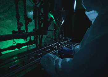 A woman in a face mask standing in front of scientific equipment.