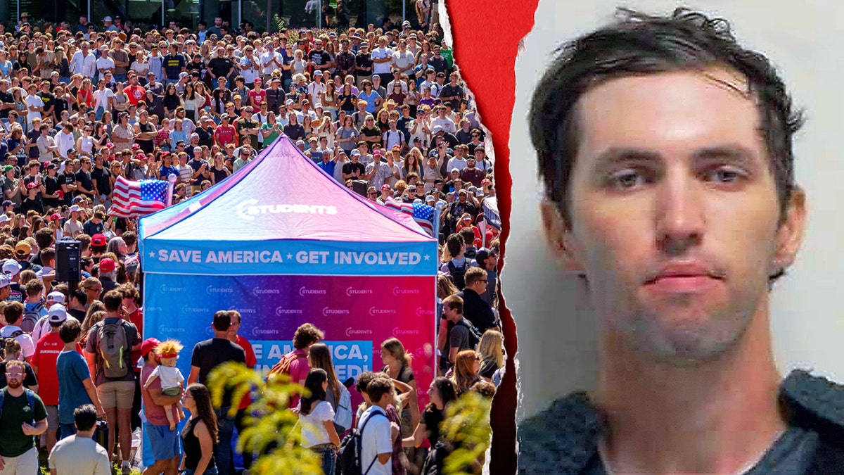 People gather to watch Charlie Kirk side by side with Tyler Robinson mug shot.