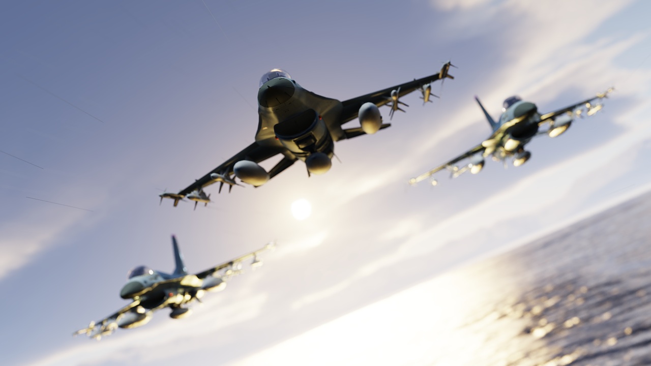 Three US Air Force jets in flight.