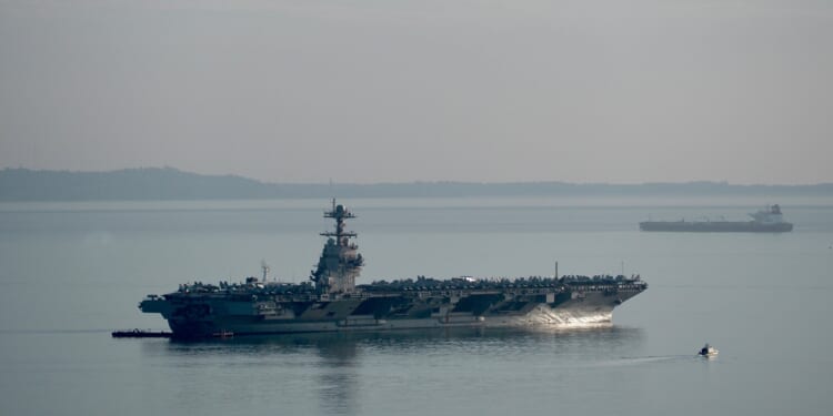The USS Gerald Ford carrier at sea.