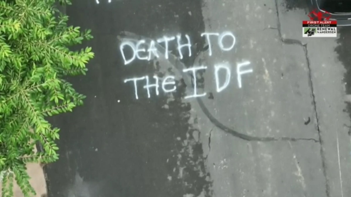 Graffiti saying "Death to the IDF" was sprayed on a suburban street in Clayton, Missouri, on Wednesday.