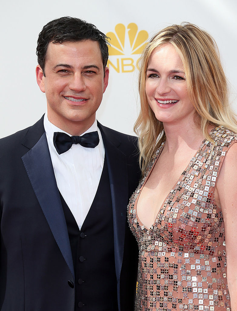 LOS ANGELES, CA - AUGUST 25: TV host Jimmy Kimmel (L) and wife writer Molly McNearney attend the 66th Annual Primetime Emmy Awards at the Nokia Theatre L.A. Live on August 25, 2014 in Los Angeles, California. (Photo by David Livingston/Getty Images)
