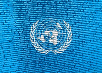 Digital concept with the flag of the United Nations on a tech AI background.