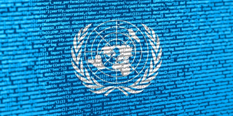 Digital concept with the flag of the United Nations on a tech AI background.