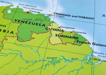 Venezuela, Guyana, Surinam, an atlas map. Oil, Drugs, and geopolitics