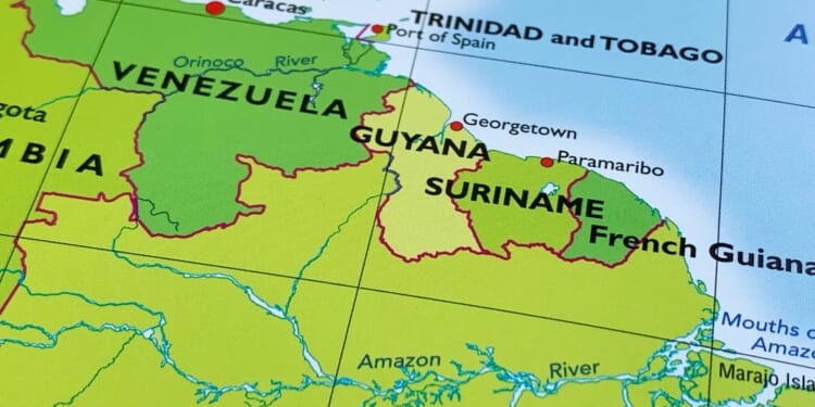 Venezuela, Guyana, Surinam, an atlas map. Oil, Drugs, and geopolitics