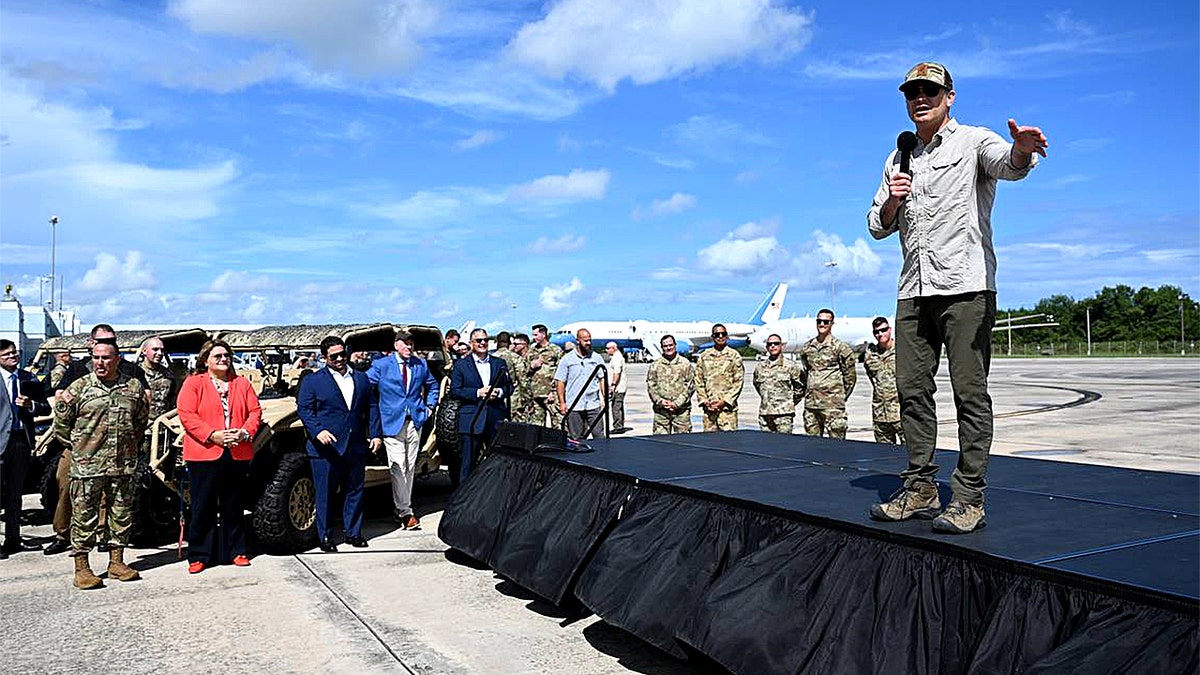 Secretary of War Pete Hegseth speaks to troops in Puerto Rico
