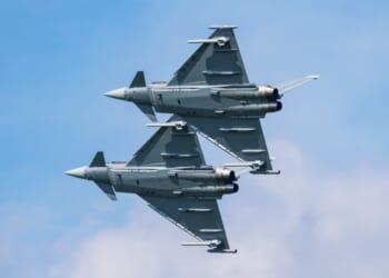 Austrian Air Force Eurofighter Typhoon fighter jet plane at air base.