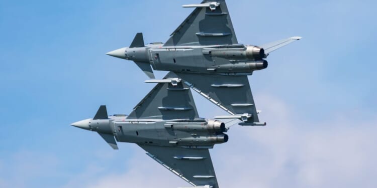 Austrian Air Force Eurofighter Typhoon fighter jet plane at air base.