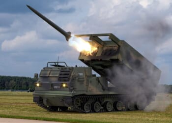 M270 Multiple Launch Rocket System firing GMLRS missile. 3D illustration