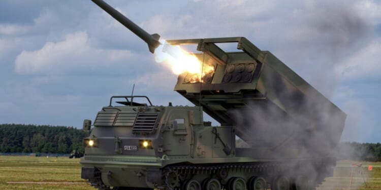 M270 Multiple Launch Rocket System firing GMLRS missile. 3D illustration